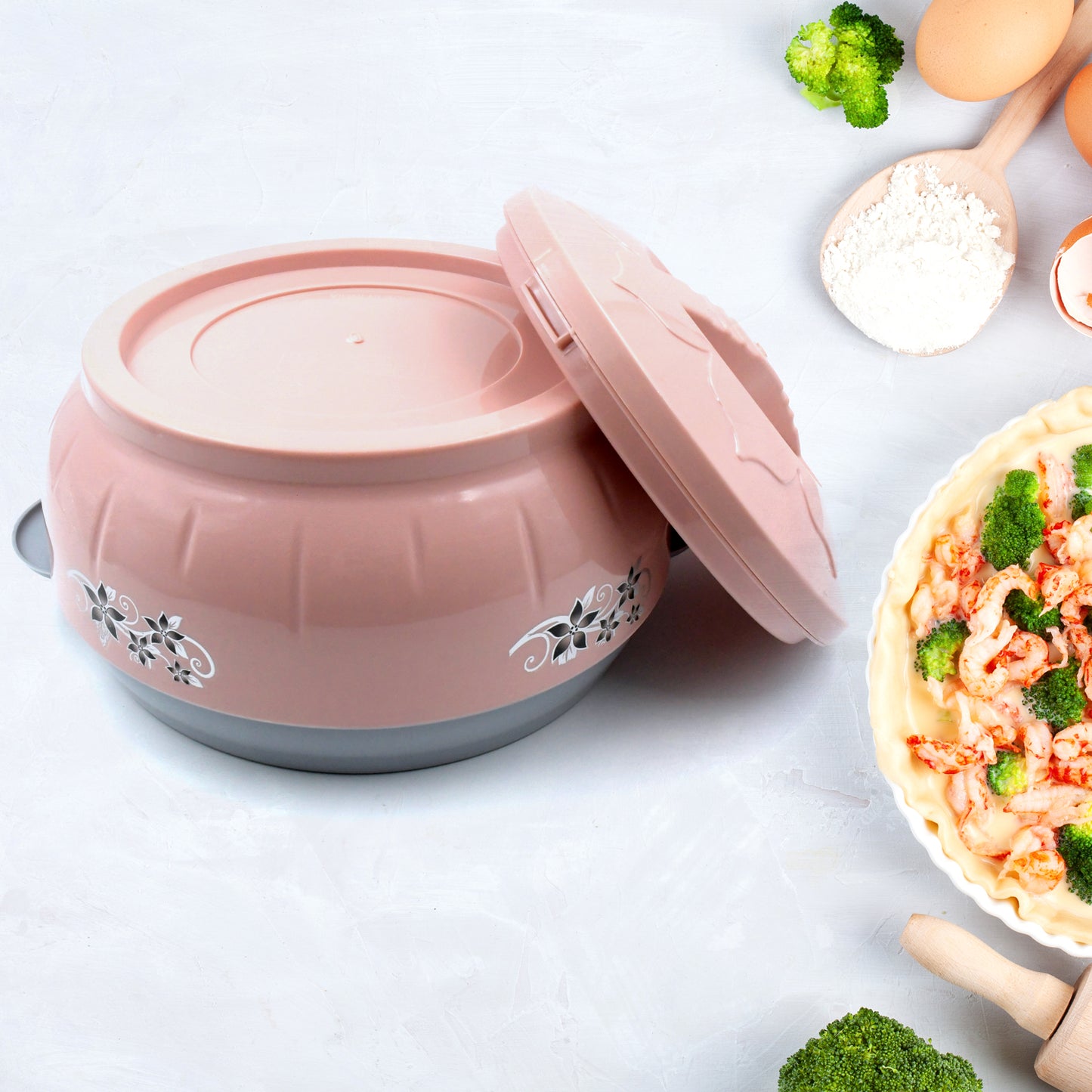 Wukusy 5788 steel casserole box for food serving, insulated hot pot with floral print, 4500ml capacity, ideal for roti and chapati storage