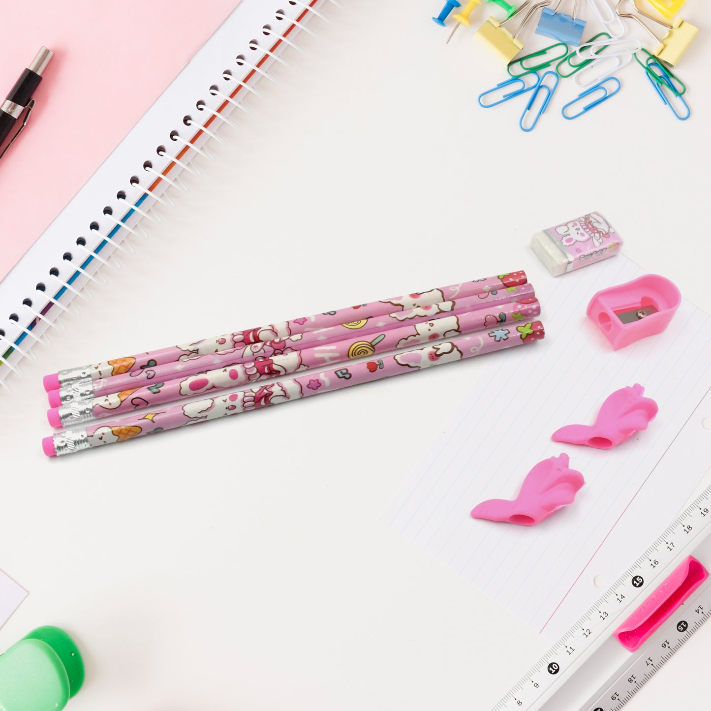 Wukusy 4298 stationery kit for kids with wooden pencil sharpener, eraser, small diary, and school supplies in a 9-piece set