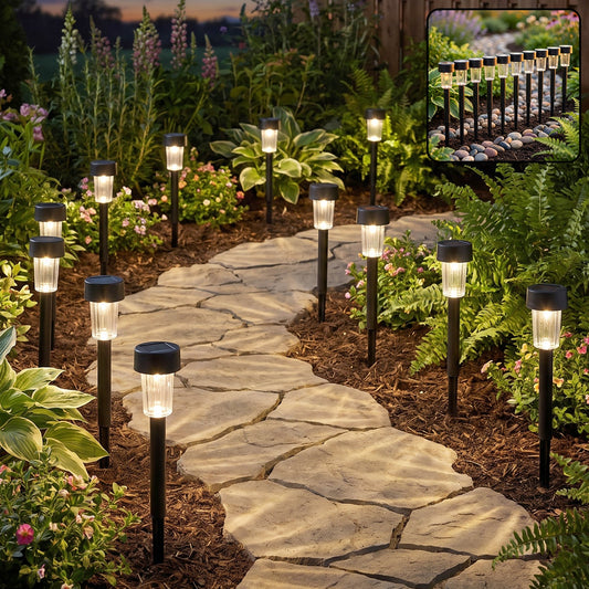 Wukusy solar pathway lights 10-piece outdoor garden stake set with waterproof LED lights illuminating a garden pathway.