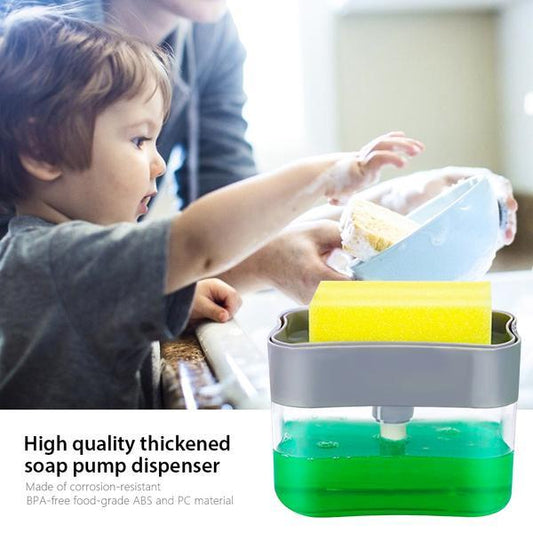 Wukusy liquid soap dispenser with sponge holder on countertop, designed for pet-friendly home and kitchen use.