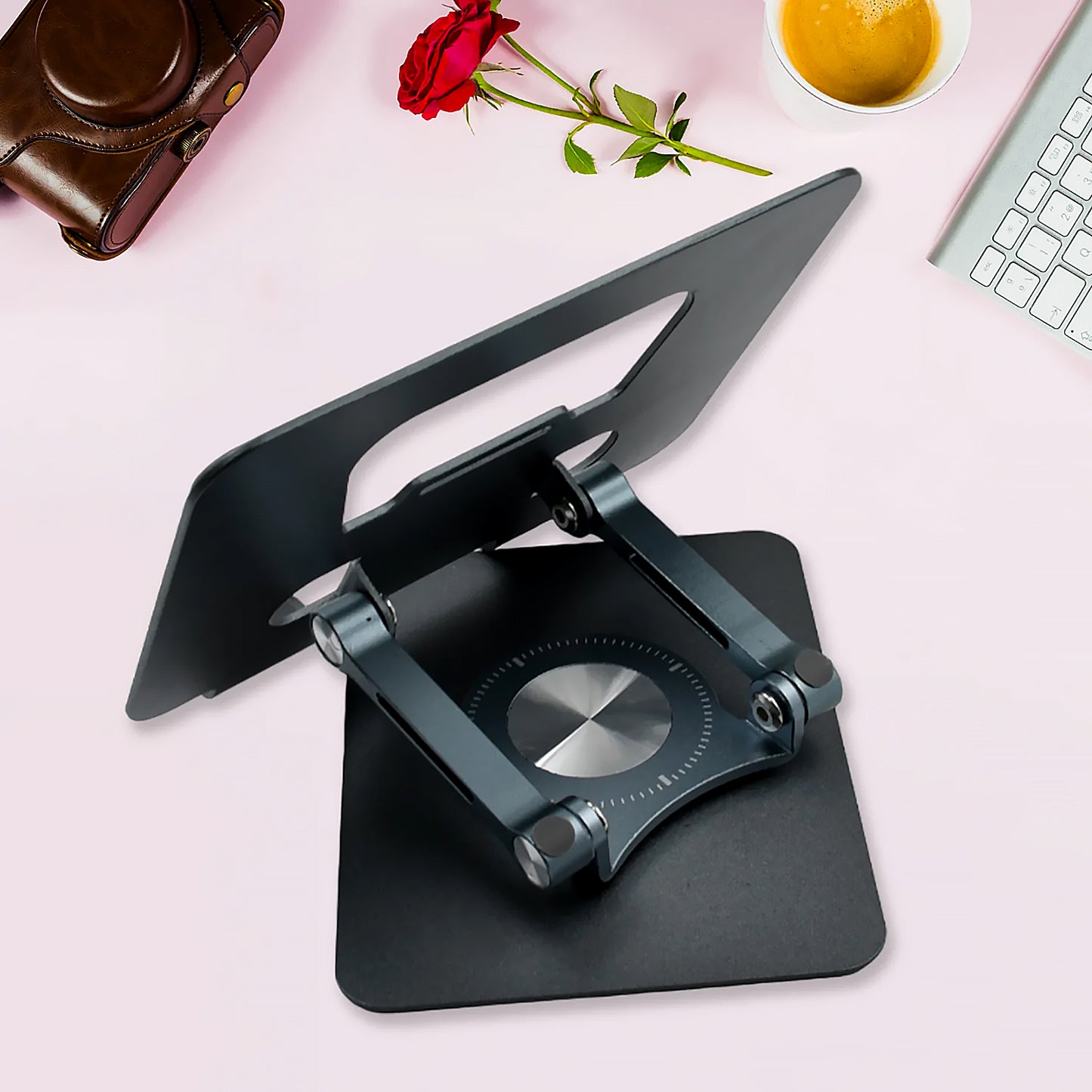 Wukusy aluminum alloy 360° rotating adjustable laptop stand with foldable ergonomic design for portable support and mobile accessories.