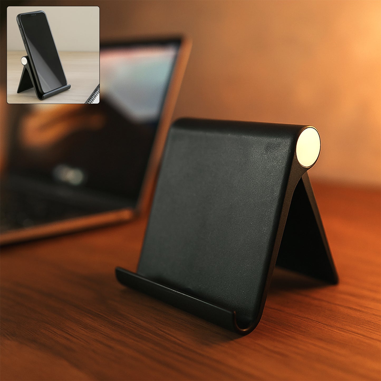 Black Wukusy plastic foldable desktop mobile stand for easy hands-free viewing and device support on a workspace.