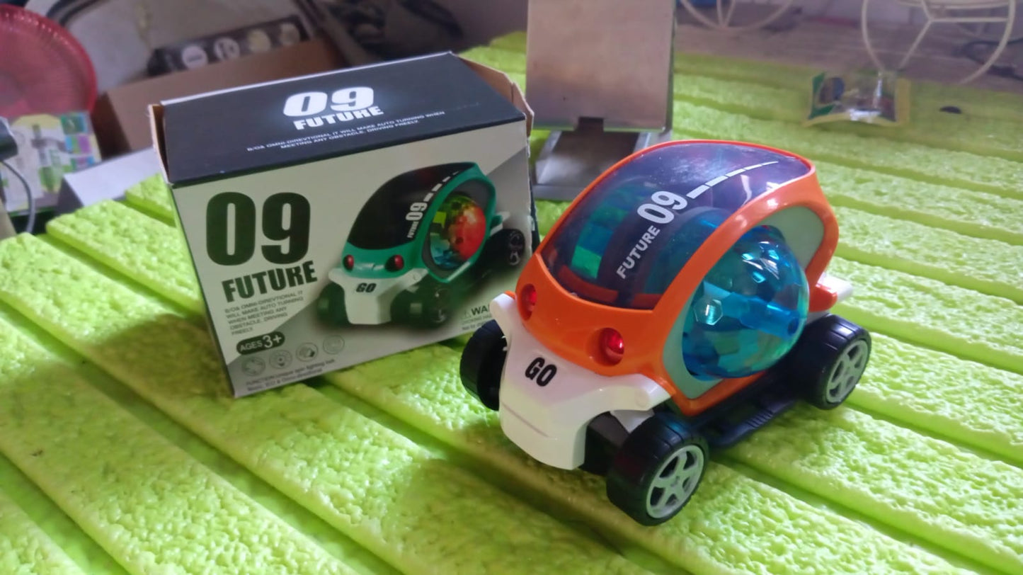 Wukusy plastic 360-degree rotating stunt car toy for kids with bump and go action, 4D lights, music, and disco ball feature.