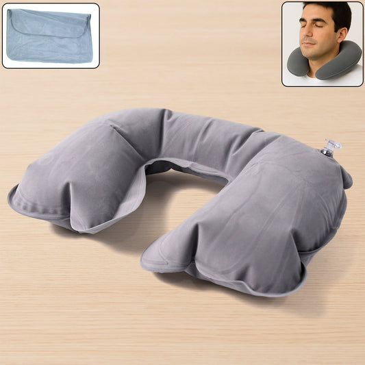 Wukusy inflatable U-shaped travel pillow in white, foldable and portable for neck support during long trips, suitable for men and women