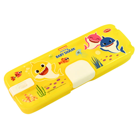 Plastic Wukusy office pencil box with cartoon print and built-in LED light, ideal for organizing pens and pencils.