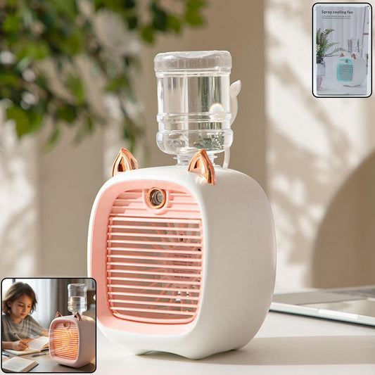 Wukusy portable mini air cooler fan with spray mist function, compact device for cooling and refreshing air.