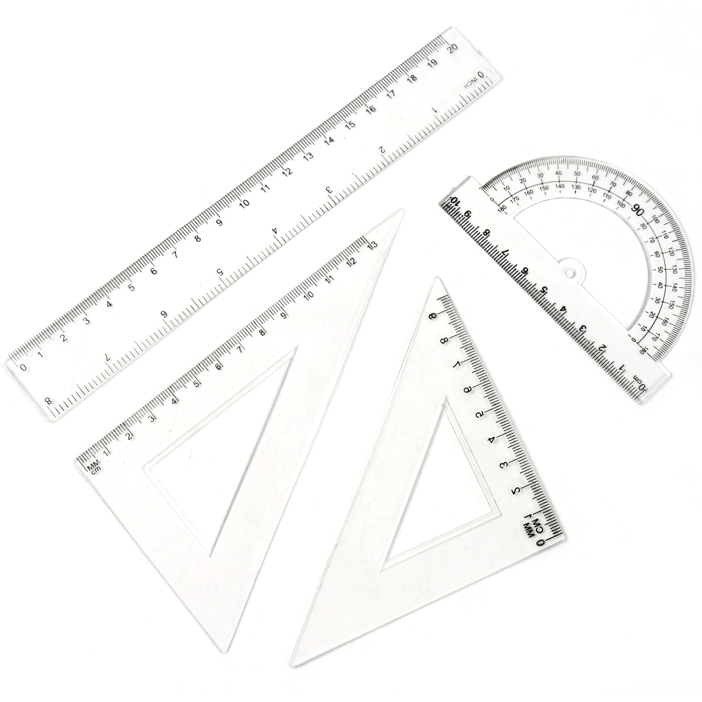 Wukusy plastic geometry set including triangle ruler, protractor, and straight rulers for office and educational use.