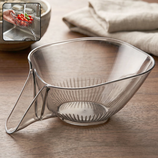 Wukusy fruit and vegetable washing strainer basket with funnel for kitchen sink drain, stainless steel mesh, and ergonomic handle