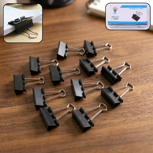 Set of 12 black heavy-duty binder clips, 32mm size, from Wukusy, ideal for secure paper organization and office use.