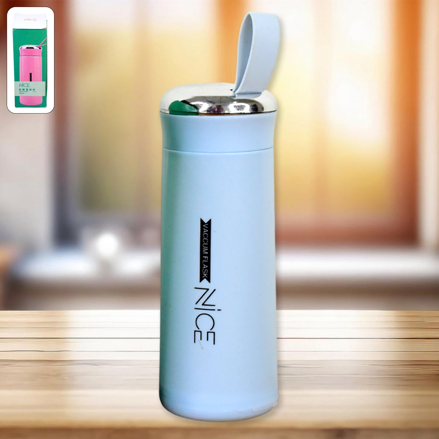 Light blue Wukusy 400ml leak-proof glass water bottle, ideal for gym and kids, featuring a sleek design for daily hydration.