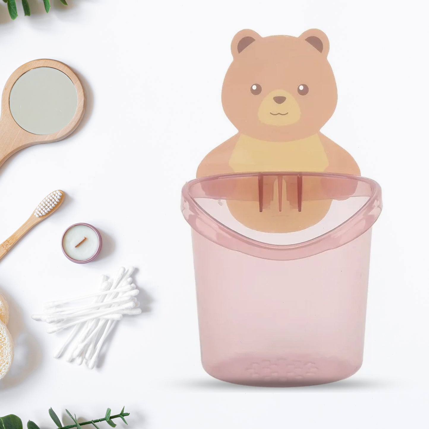 Wukusy multipurpose wall mount toothbrush holder with toothpaste and cup, waterproof plastic stand with teddy bear design for bathroom storage