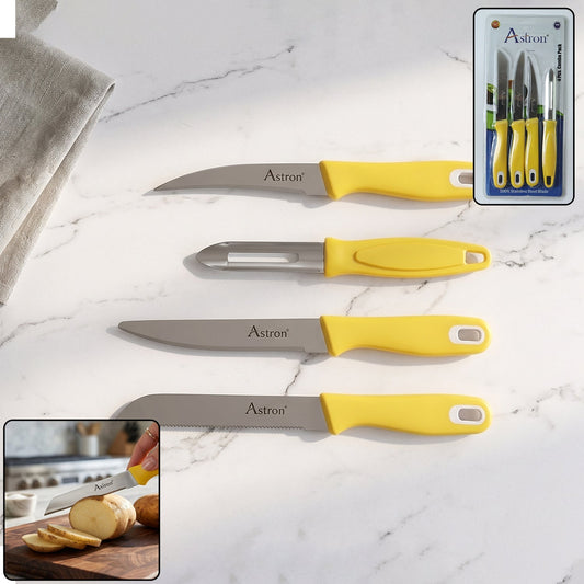 Wukusy 4-piece kitchen knife set with plastic handles and stainless steel peeler, including chef's knife, paring, and utility knives.