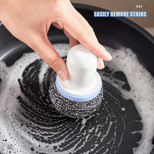 Wukusy 5214 dish scrub brush with a compact handle, ideal for cleaning dishes, pots, pans, and kitchen sinks.