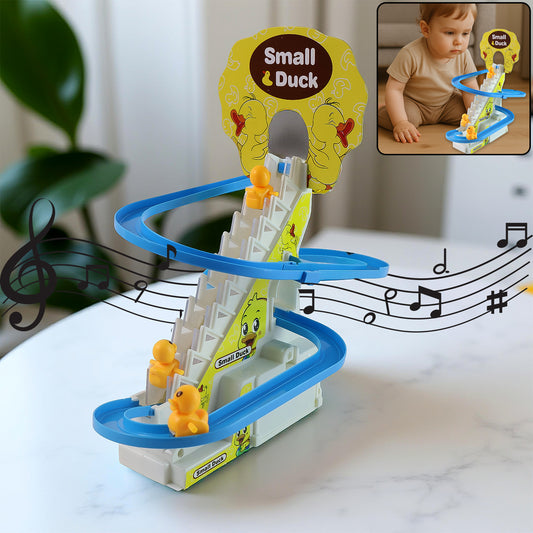 Wukusy Lala Small Duck Climb Stairs Toy Roller Coaster with flashing lights and music, featuring three colorful toy ducks.