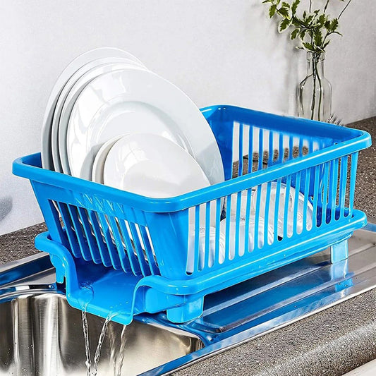 Wukusy plastic sink dish drainer drying rack with brown box, kitchen tool for drying dishes and utensils.