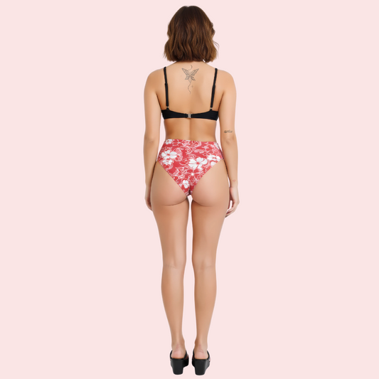 Red and white floral print high-cut thong bikini bottom by Snazzyway, featuring a sleek, minimal design with vibrant flower patterns.