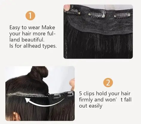 Ekom natural black straight synthetic hair extensions, 24-inch 5-clip set, displayed on a bathroom countertop.