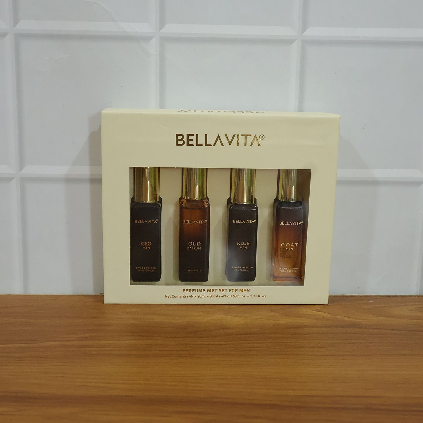 Wukusy Bellavita men's luxury perfume gift set with four 20ml bottles arranged in elegant packaging