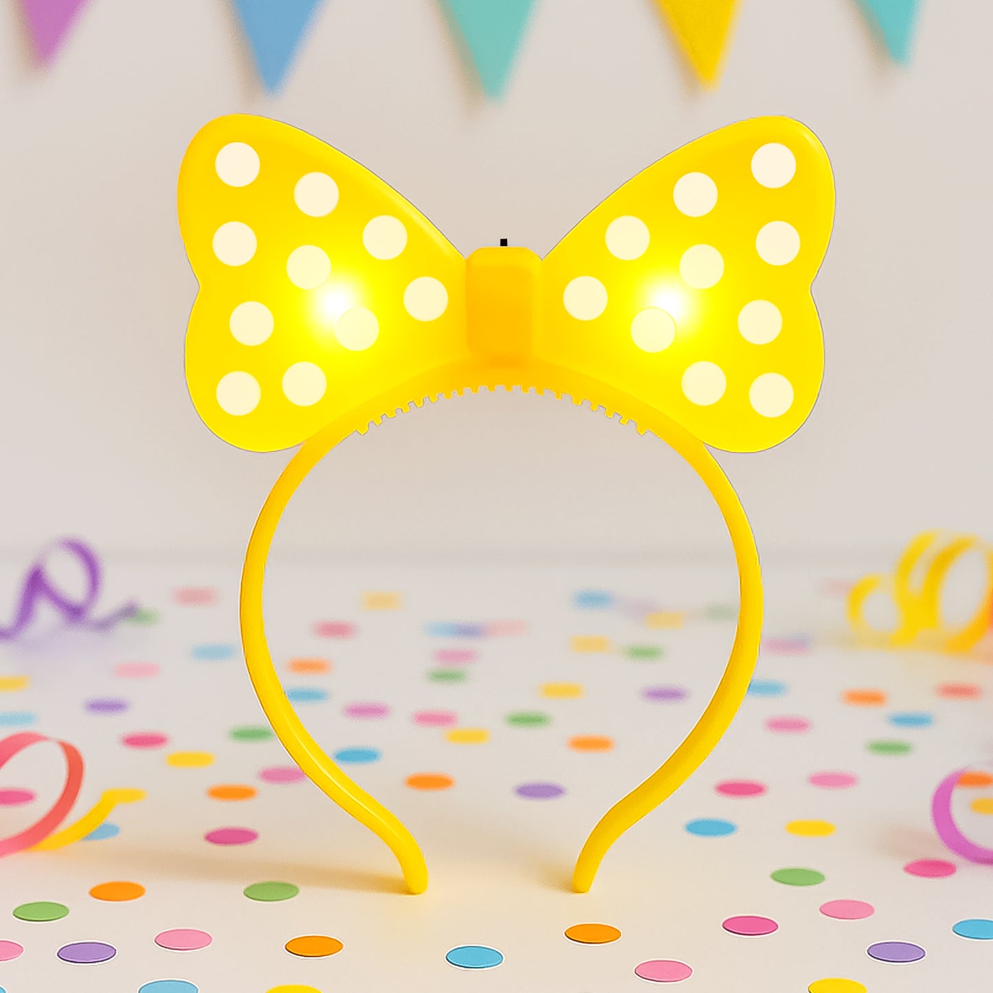 Wukusy LED glowing bow hairband in black with illuminated pink and purple lights, perfect for fun or special occasions.
