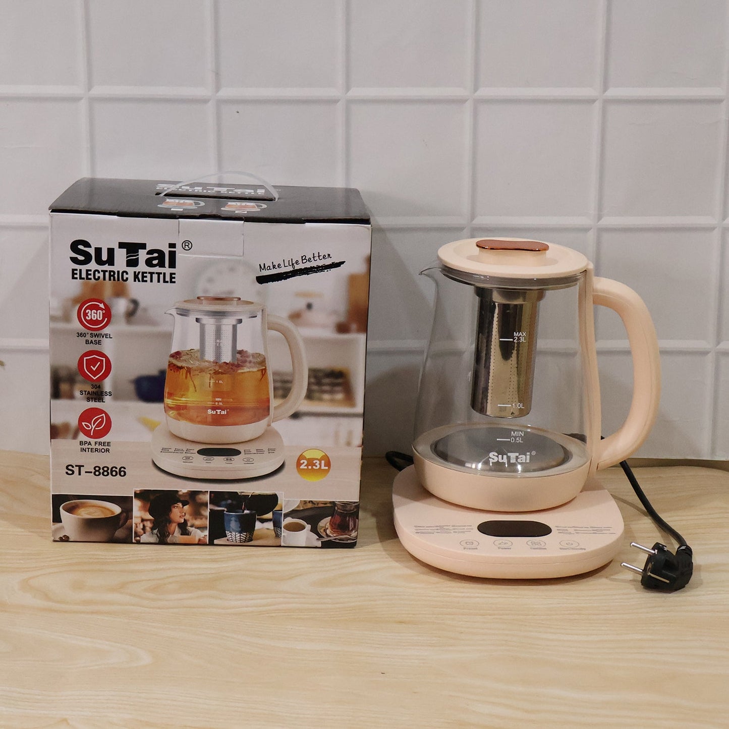 Wukusy Suta electric glass kettle with 2.3L capacity, infuser, and temperature control for tea brewing.