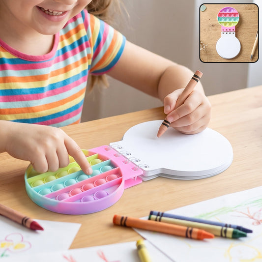 Wukusy Mini Pop It Diary fidget notebook for kids with rainbow silicone bubble cover, compact and colorful for sensory fun.