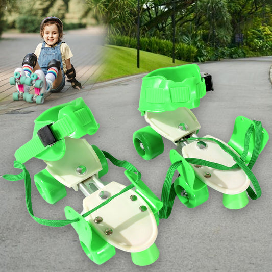 Wukusy kids' adjustable roller skates with comfortable fit, featuring four wheels and secure straps for safe skating.