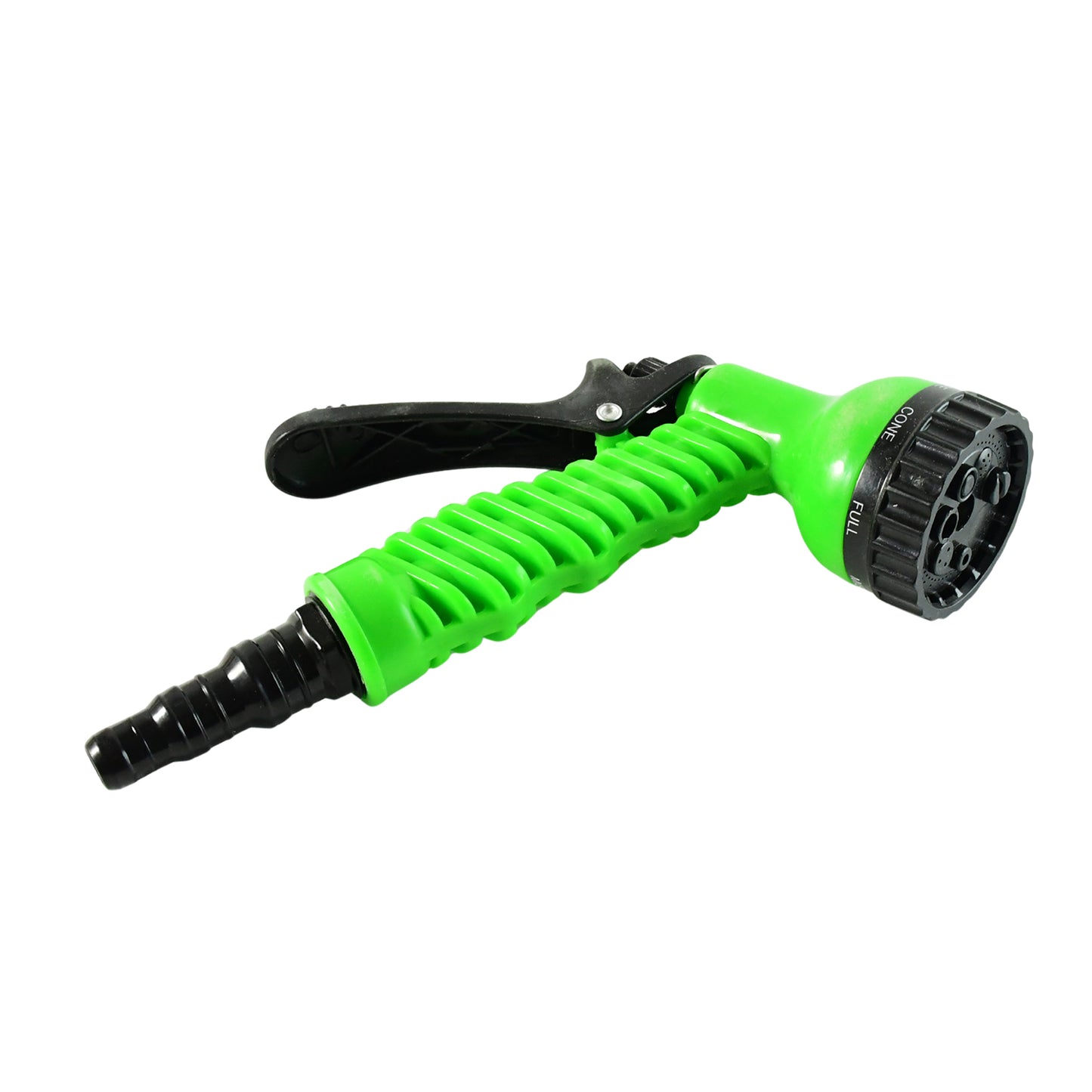 Wukusy multi-pattern garden hose spray nozzle attached to a garden hose, demonstrating various spray modes in a garden setting.