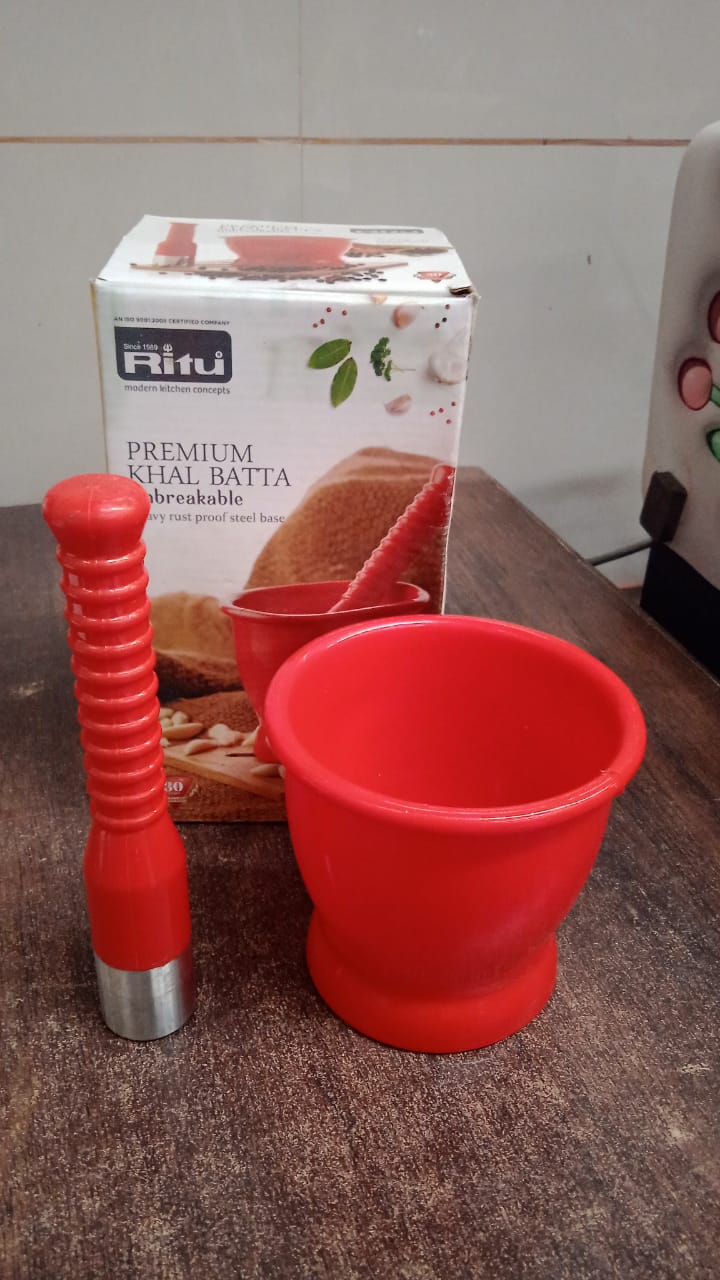 Wukusy Ritu Heavy Duty Unbreakable Plastic Khal Batta Set, 2-piece kitchen mortar and pestle for grinding and pounding.
