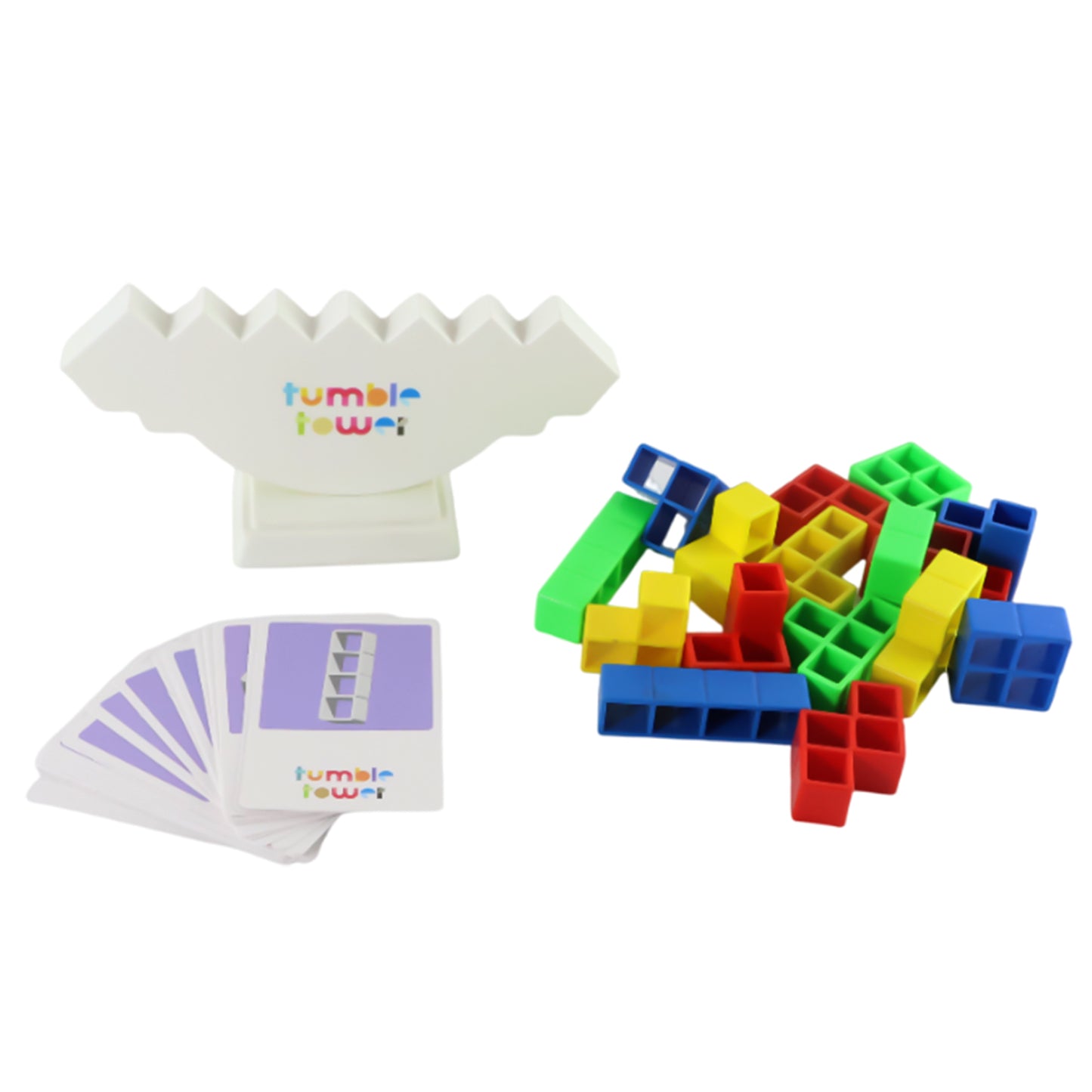 Wukusy Tumble Tower balancing blocks game set with wooden blocks stacked in a tower ready for play.