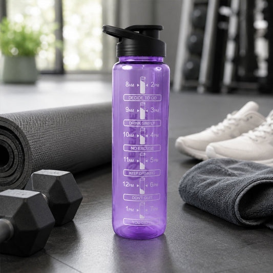 Wukusy 1000 ml plastic motivational water bottle with time marker and flip lid, shown with clear measurement markings