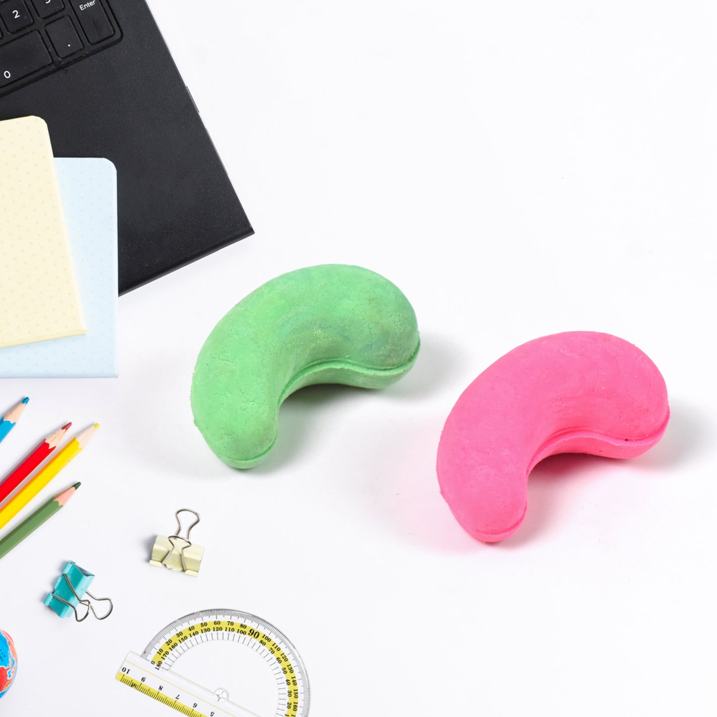Colorful Wukusy cashew nut-shaped rubber eraser with mixed colors, designed for office use and easy to grip.