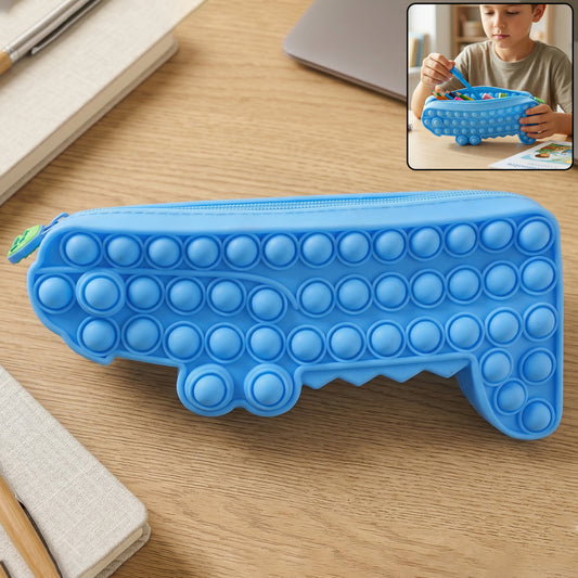 Colorful cartoon crocodile-shaped pop it pencil pouch by Wukusy with playful design and multiple pop it bubbles for stress relief.