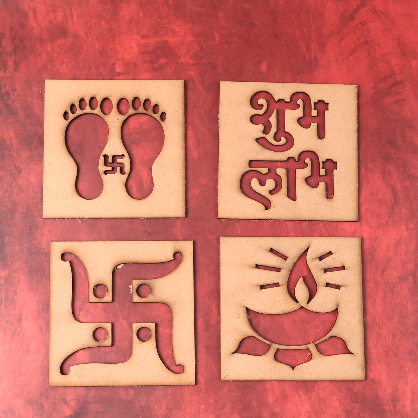 Set of four wooden decorative cutouts with mix designs, ideal for home decor, by Wukusy.