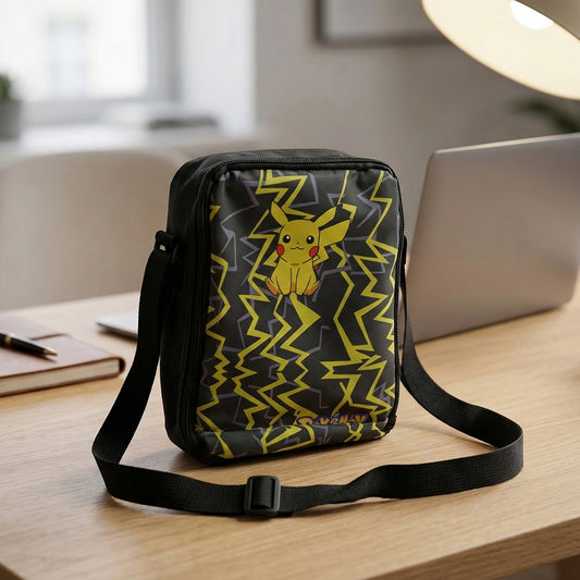 Kids cartoon print lunch bag by Wukusy with adjustable strap, featuring colorful cartoon characters on a 19x24 cm bag.