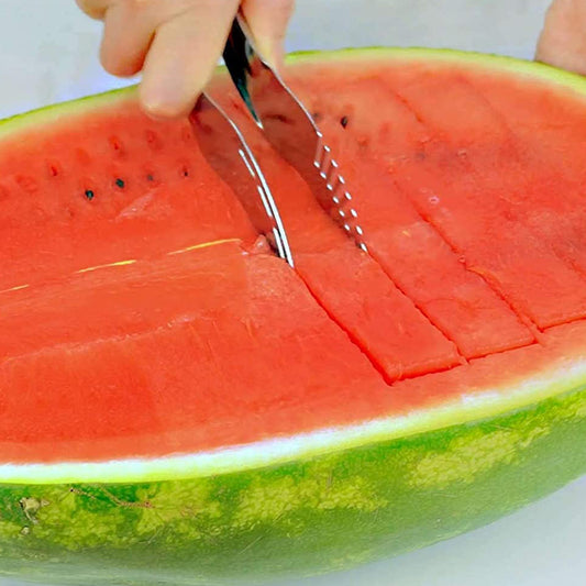 Wukusy watermelon slicer and corer, stainless steel fruit cutter with ergonomic handle, designed for easy watermelon slicing and serving.