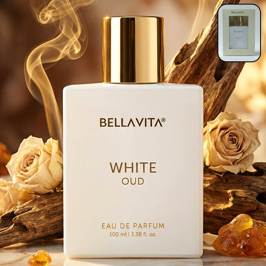 Bellavita Premium White Oud Eau De Perfume bottle by Wukusy, featuring elegant white packaging and a sleek perfume design.