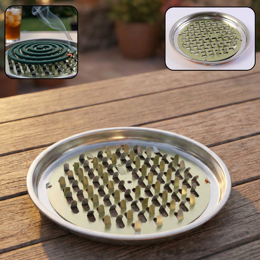 Round metal mosquito coil stand by Wukusy, designed to hold mosquito coils securely for outdoor or indoor use.