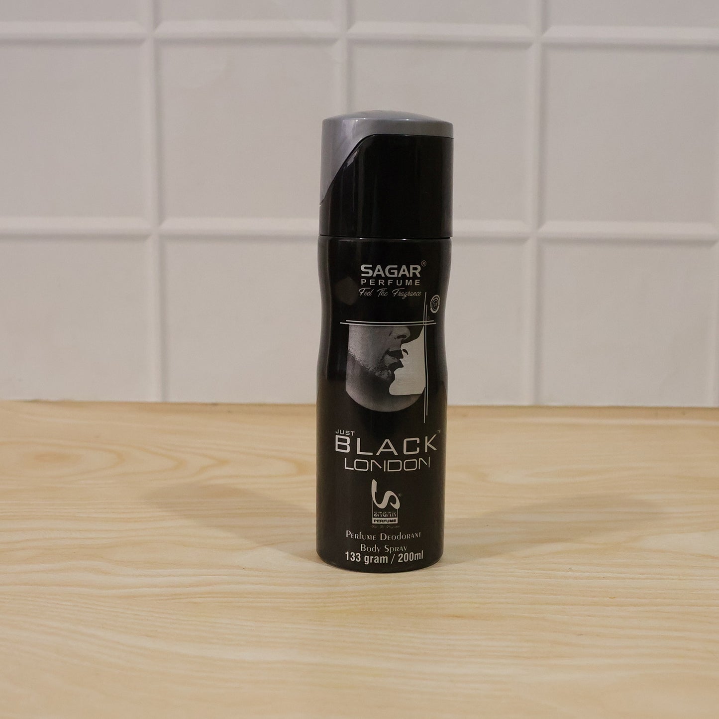 Wukusy Sagar Just Black London men's perfume body spray and deodorant, 200ml bottle with sleek black design.