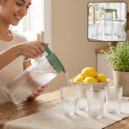 Wukusy glass water jug with lid and four ribbed glass tumblers in a set, perfect for serving beverages in a stylish kitchen.