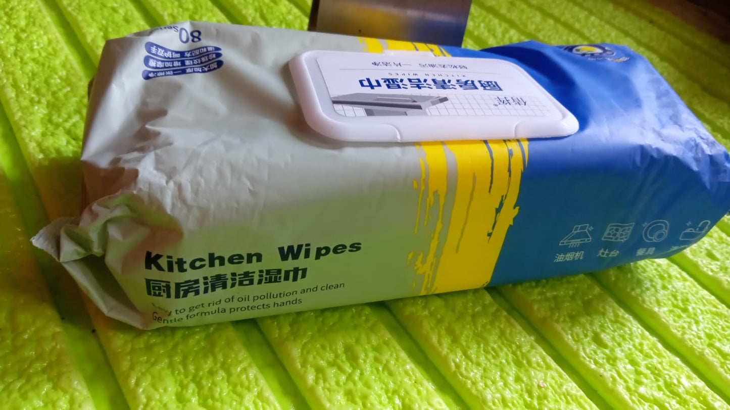 Wukusy 8220 Kitchen Cleaning Wipes pack of 80, disposable wet wipes for grease, stains, and glass cleaning in home and kitchen.