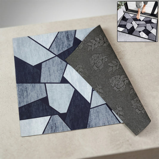 Wukusy geometric anti-slip door floor mat in 90x60 cm with a modern black and white geometric pattern on a tiled floor