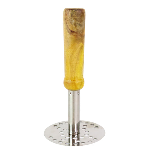 Wukusy stainless steel potato masher with wooden handle, designed for mashing vegetables and pav bhaji efficiently.