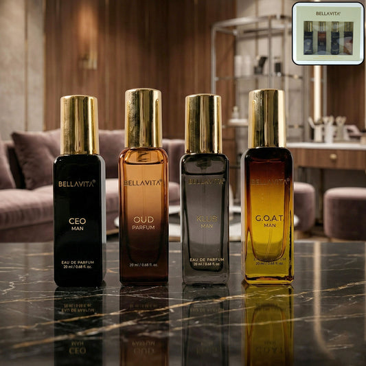 Wukusy Bellavita men's luxury perfume gift set with four 20ml bottles, elegant packaging and sophisticated fragrance.