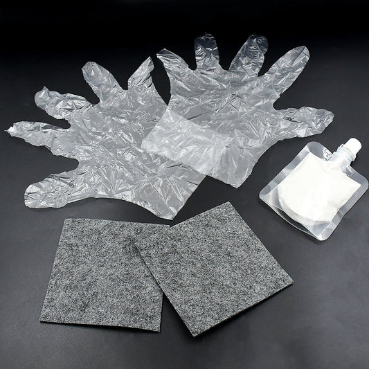 Wukusy Nano Magic Car Scratch Remover Cloth kit with repair solution, gloves, and polishing cloth for car paint scratch repair.