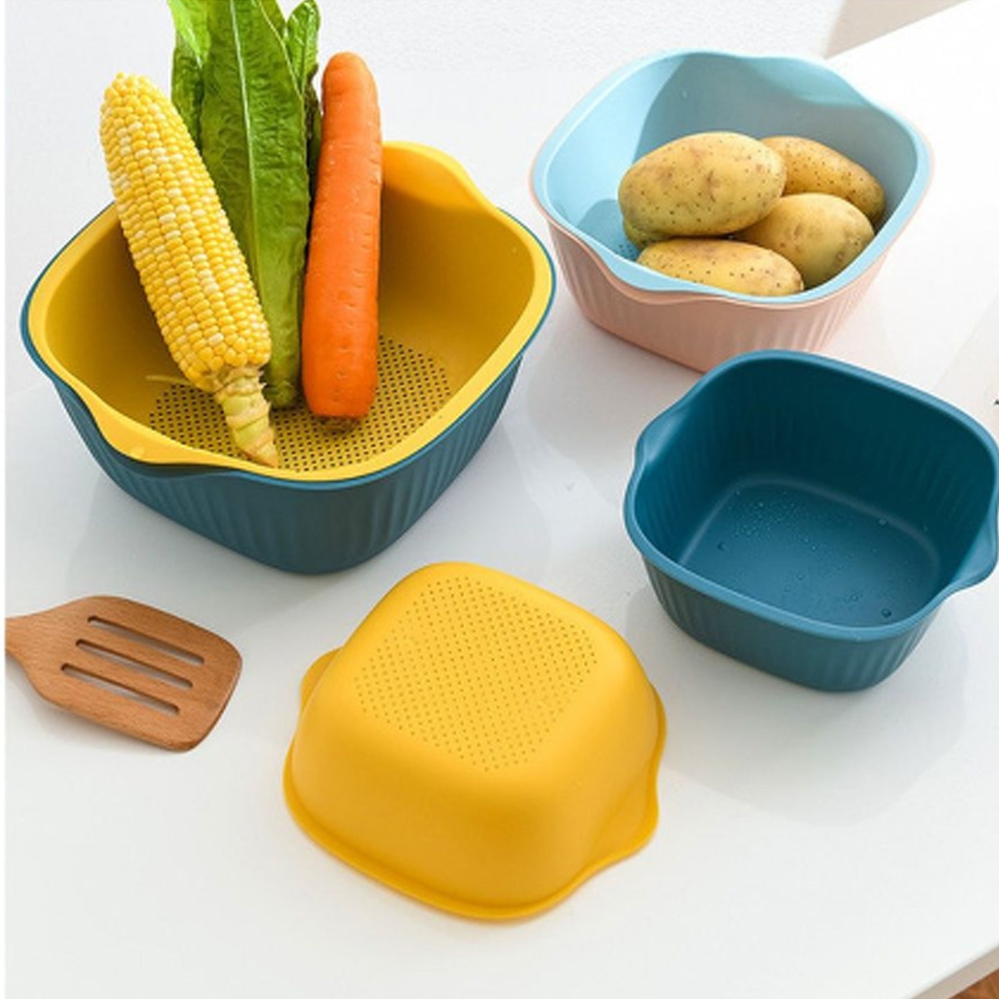 Wukusy 5228a plastic kitchen bowl with built-in strainer and drainer basket for washing and food prep at home kitchen