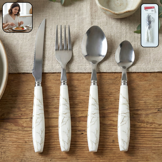 Wukusy stainless steel cutlery set with four pieces featuring elegant marble design handles on forks, knives, and spoons.