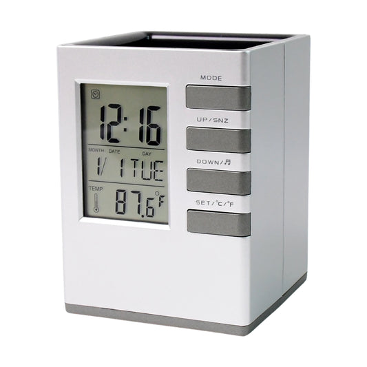 Wukusy multifunction digital desk clock with pen holder, compact office accessory featuring a digital display and organized storage space.