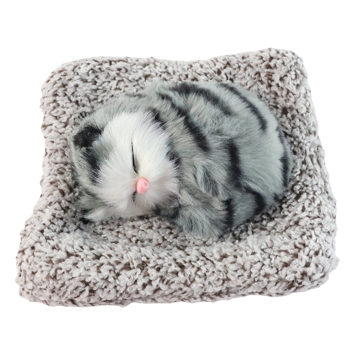 Soft plush closed-eye cat dashboard toy by Wukusy, cute plush cat showpiece for car decor, detailed plush fabric and adorable face.
