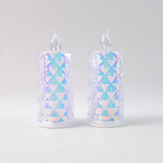 Set of two Wukusy decorative LED candle lights with holographic finish, ideal for home decor ambiance.