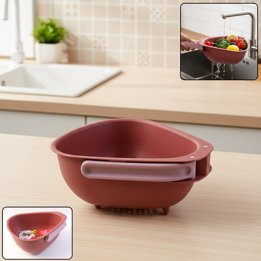 Wukusy Supermom kitchen colander with foldable handle and drain base, showing stainless steel mesh and ergonomic design